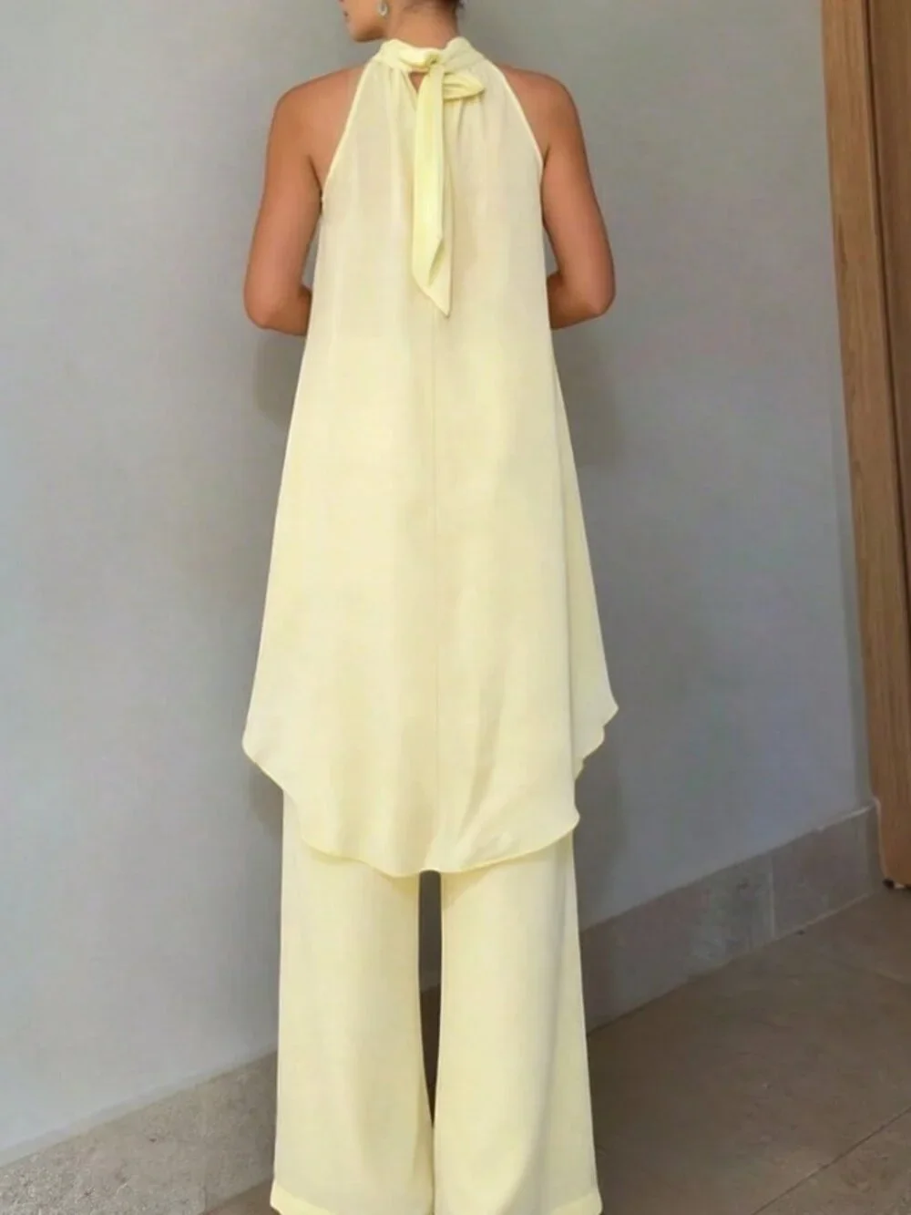 Yellow Elegant Women's Knotted Halter Asymmetric Hem Top and Long Pants Set